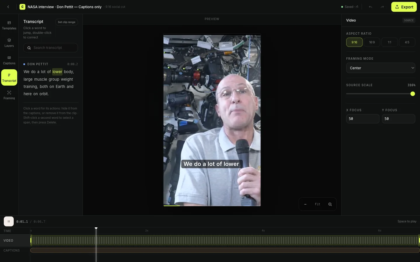 Clyps editor showing a timed transcript, vertical video preview, caption text, framing controls, and clip timeline